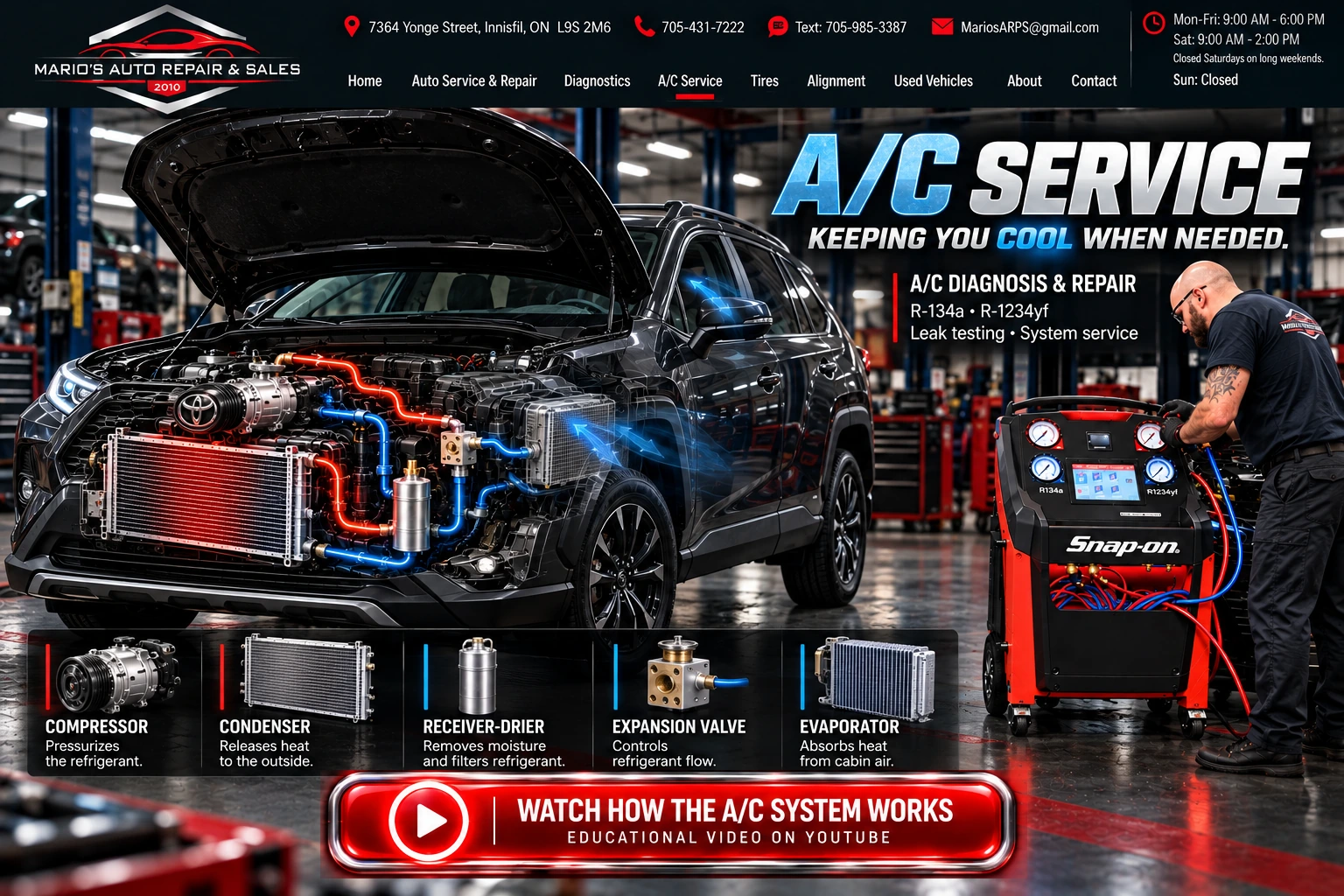 Mario's Auto Repair and Sales A/C service. Keeping you cool when needed. Vehicle A/C cutaway, compressor, condenser, receiver-drier, expansion valve and evaporator; technician and A/C service equipment.