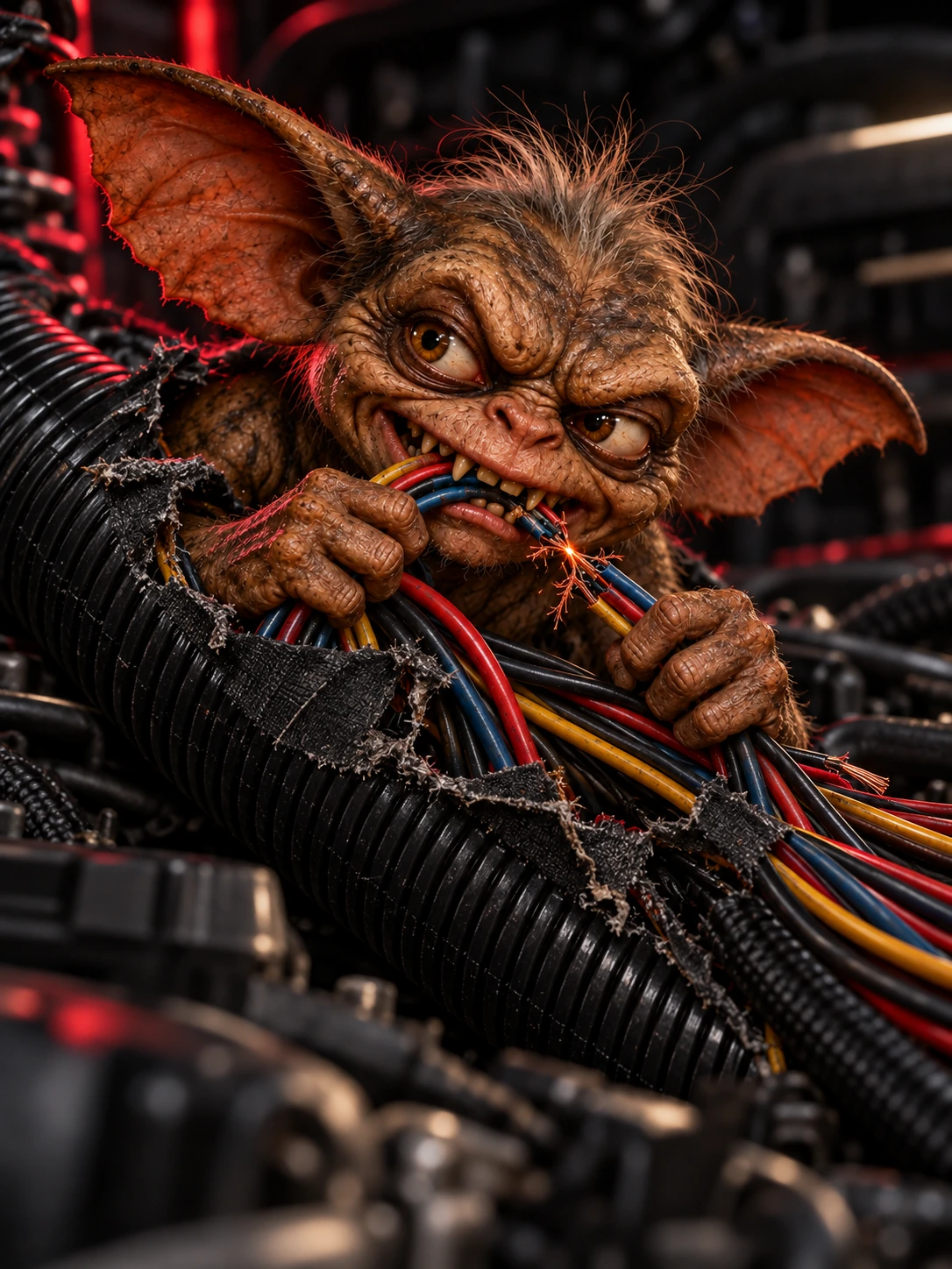Lifelike 3D gremlin emerging from a split wire harness and chewing the exposed wires